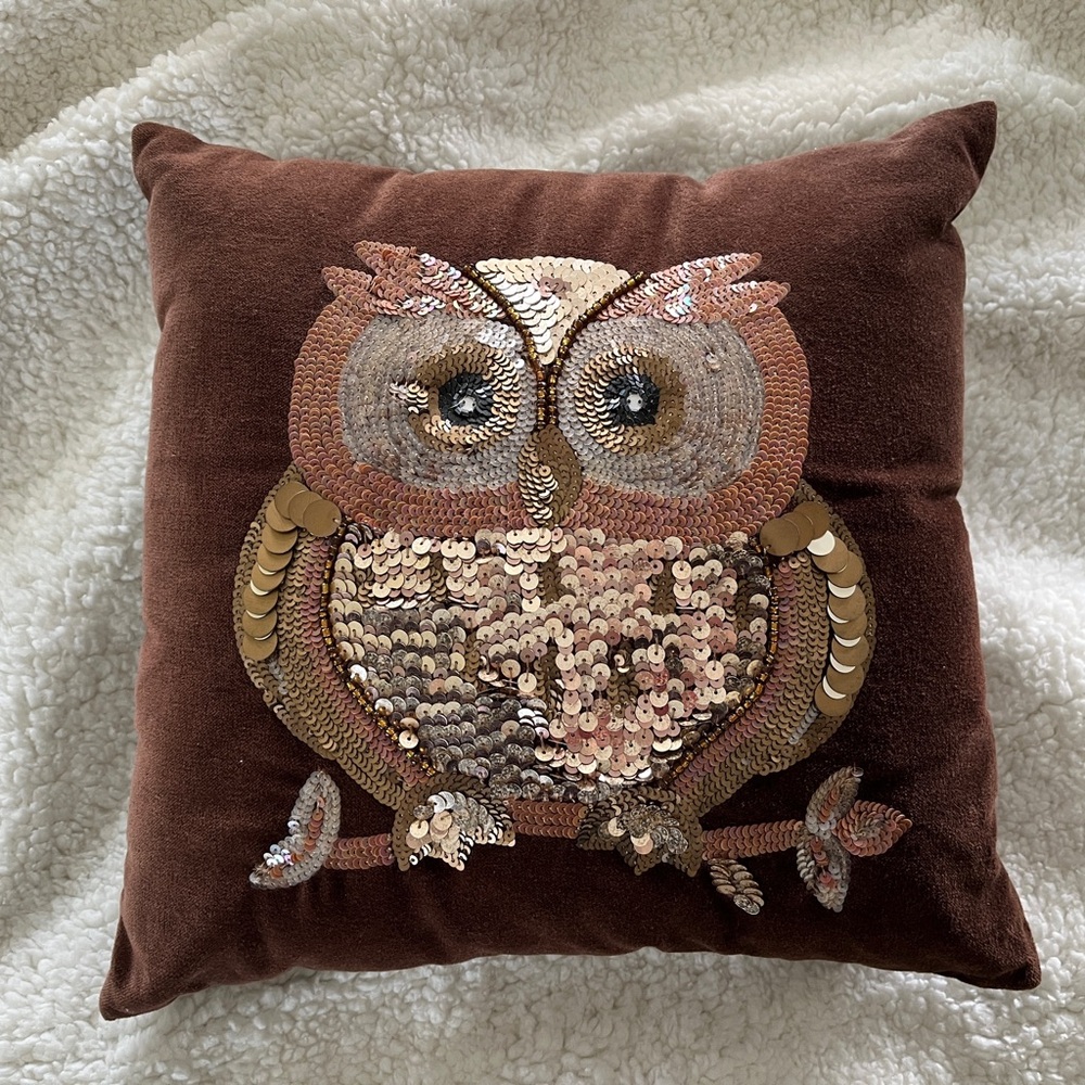 Pier 1 Brown Sequin Owl Throw Pillow